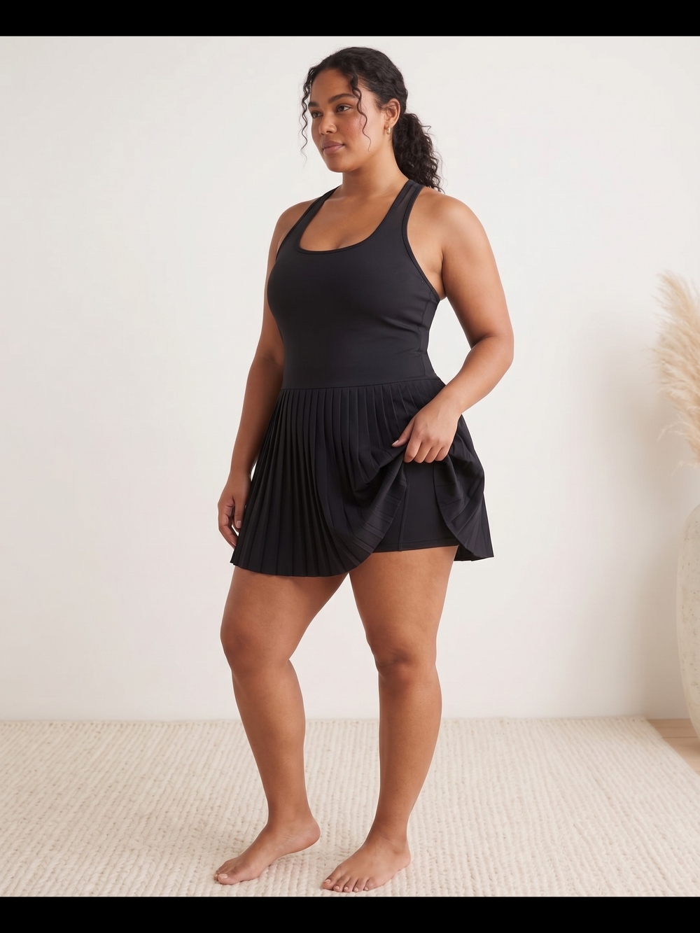 Fabletics Black Pleated Tank Dress with Built-In Shorts